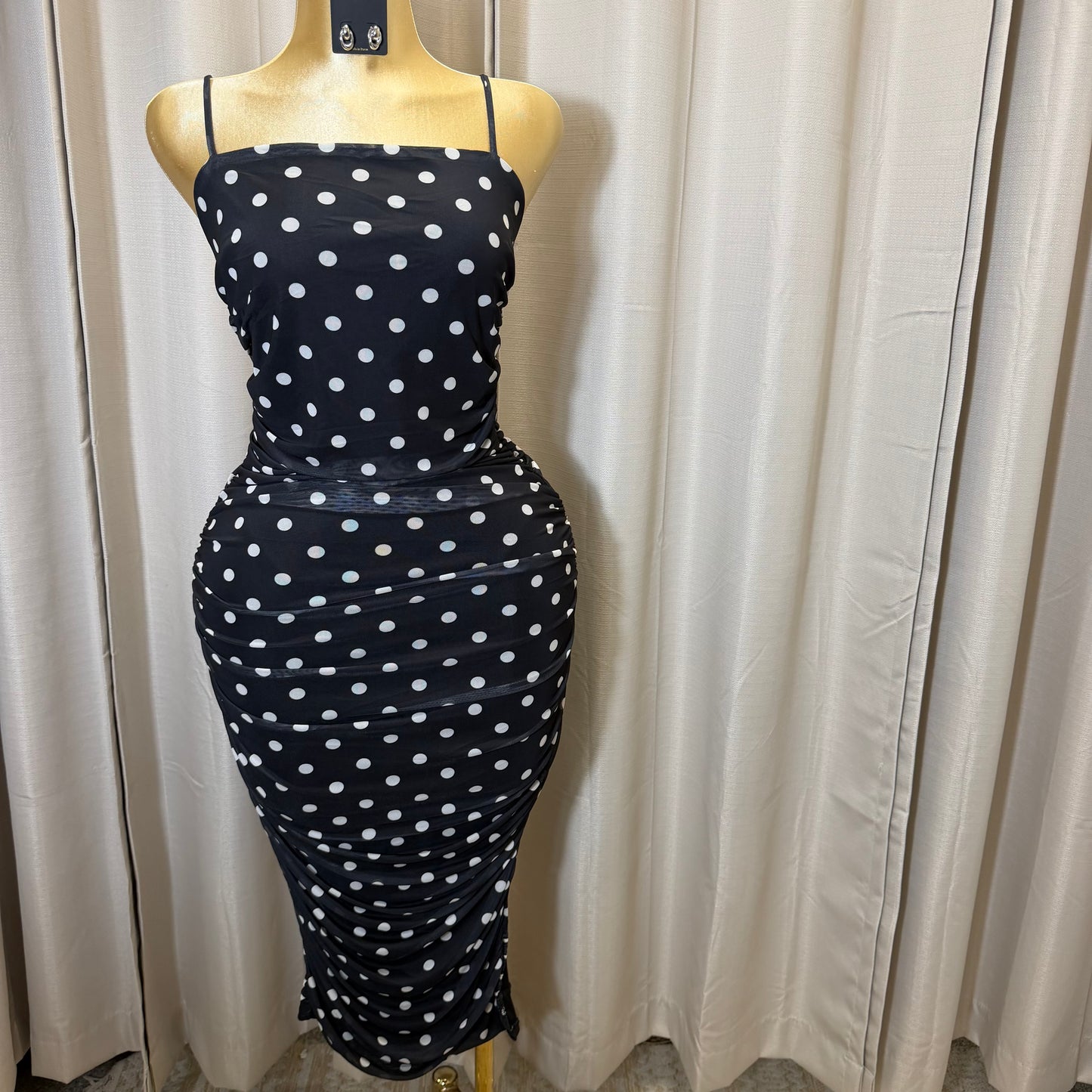 PL-Mesh Polka midi Dress-Black/white