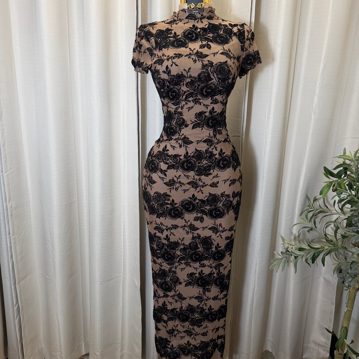 Luxi Mesh Flower Print Dress-Brown