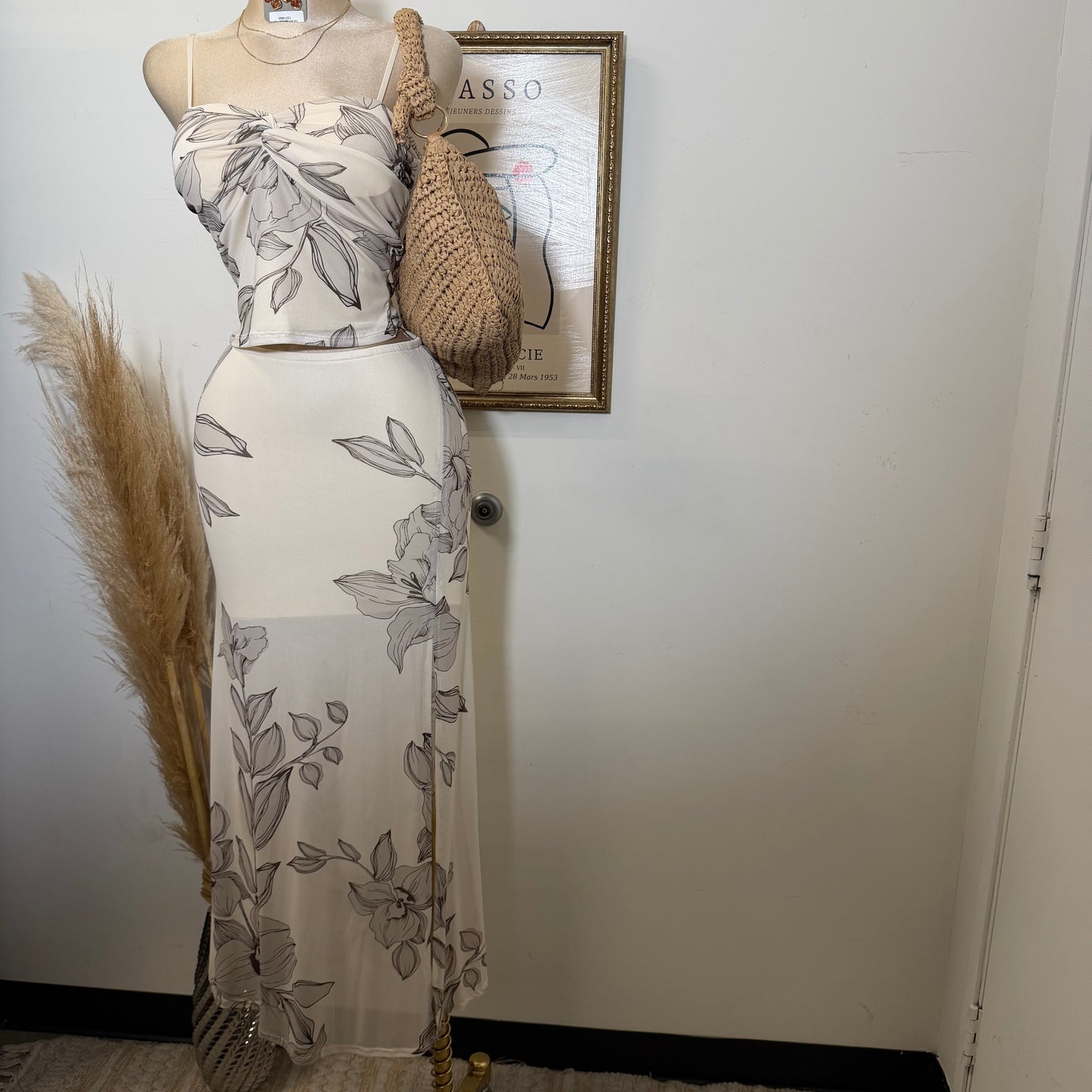 Mesh Print Twist Cami Top & Slit Maxi Skirt-Sand/Brown