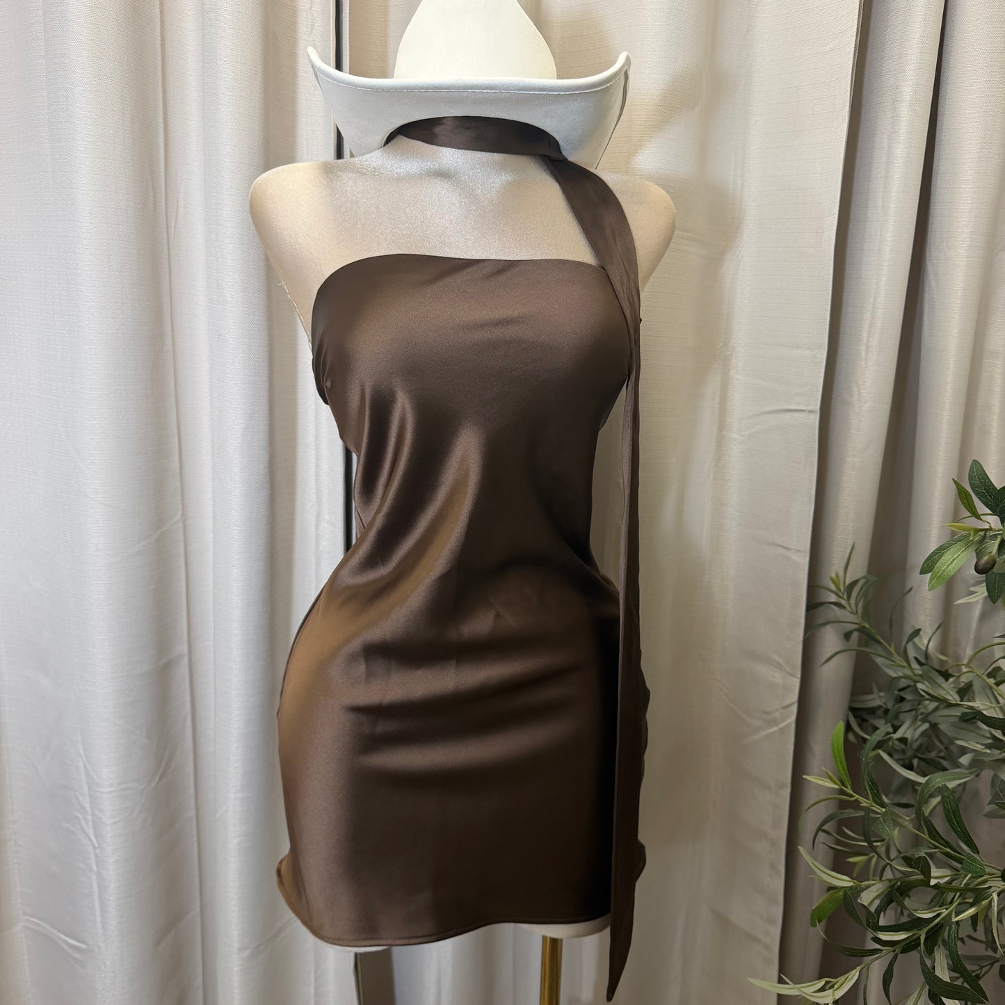Satin strapless Mini Dress-Brown