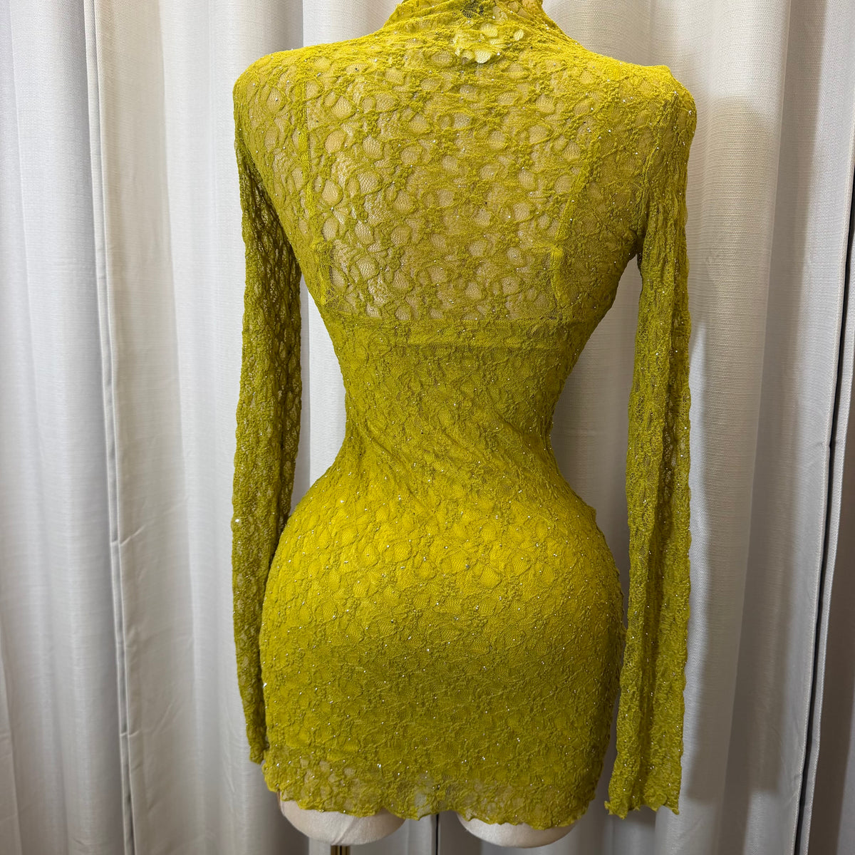 Long Sleeve Rhinestone Lace Dress-Olive Moss
