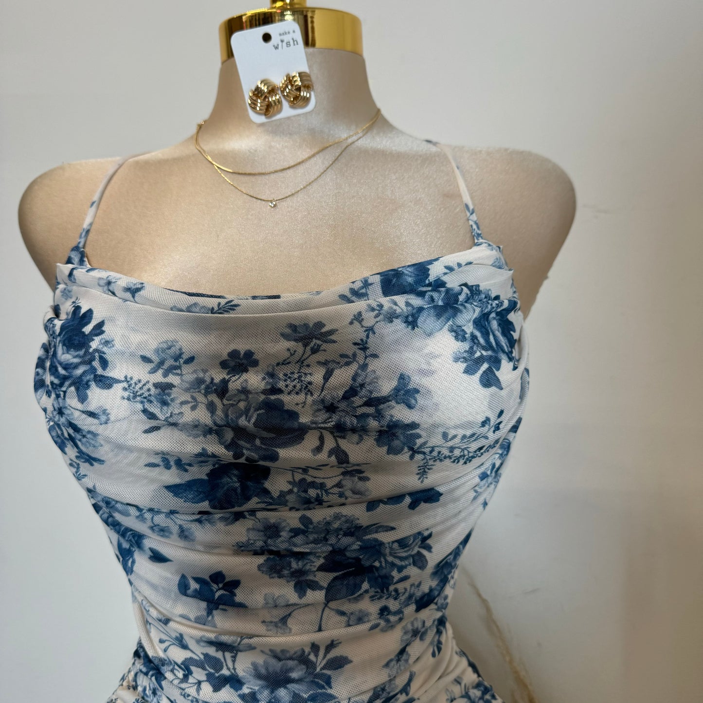 Floral Pleated Neckline Ruched Mini Dress-Blue/White