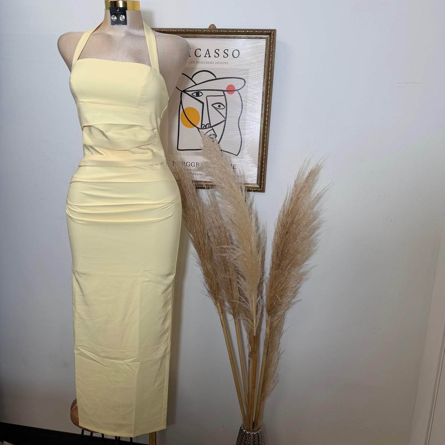 Halter Neck Structured Back Slit Maxi Dress-Baby Yellow