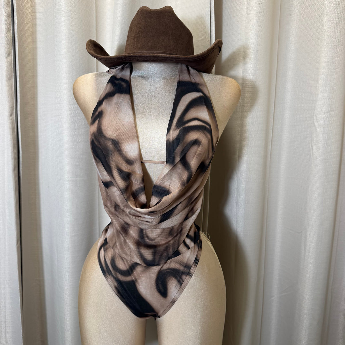 Cowl halter neck bodysuit-Black/Brown