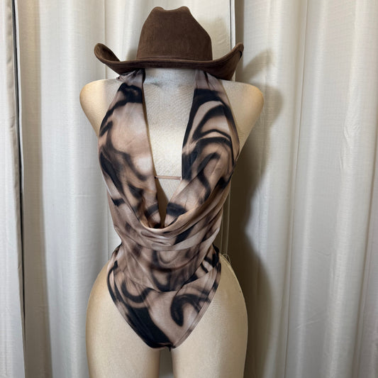 Cowl halter neck bodysuit-Black/Brown