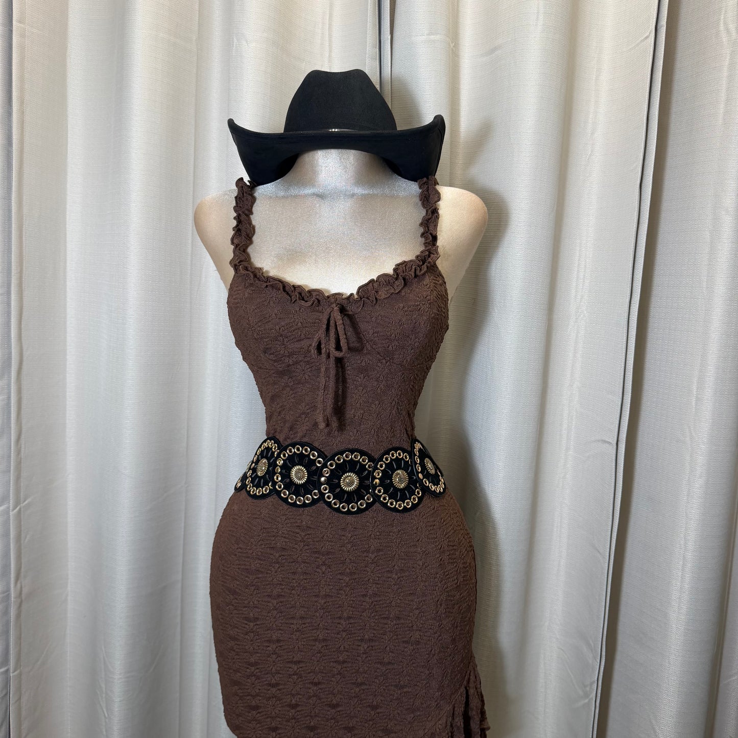 Daisy Asymmetric Skirt Midi Dress-Brown