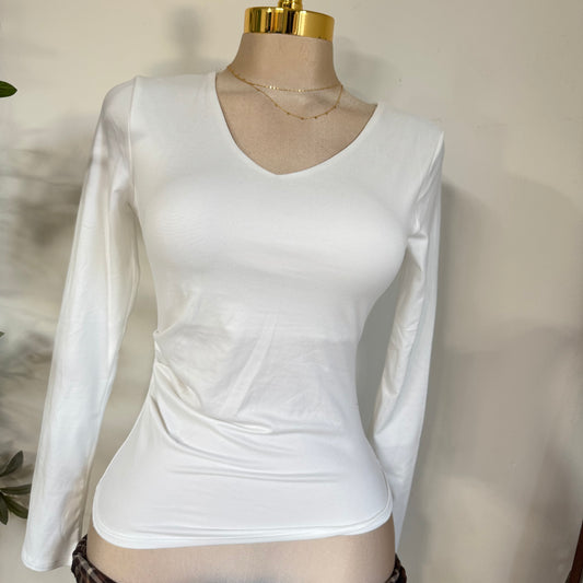 Ruched V-Neck  Long Sleeve Double Layered Top-White