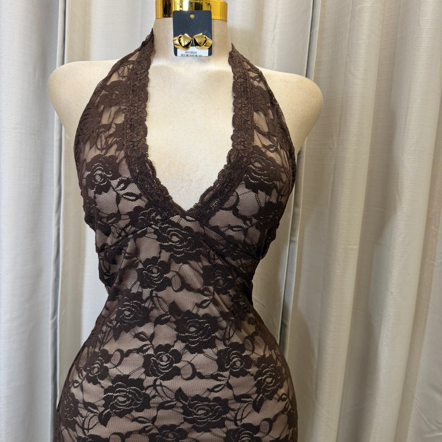 Halter back Tie Open back lace midi Dress-Brown