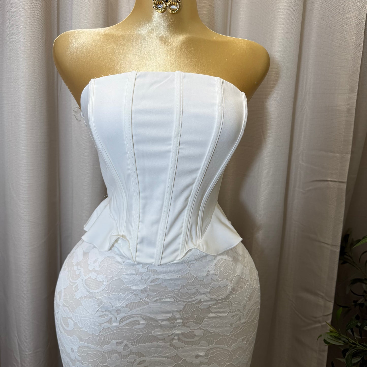 Strapless Corset Lace Midi Dress-White