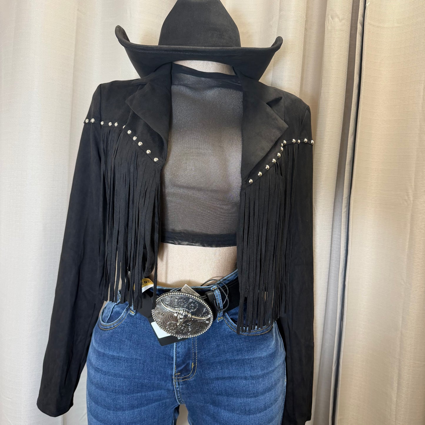 Suede Fringe Stud Jacket-Black