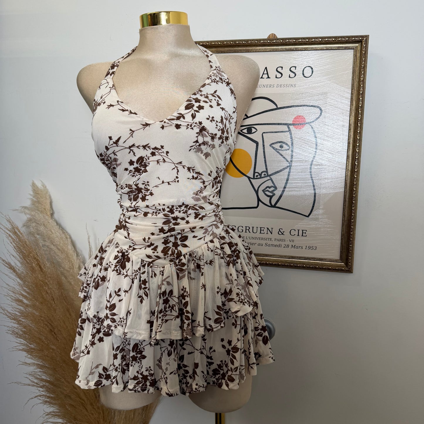 Floral Halter Double Layer Ruffle Mini Dress-Cream