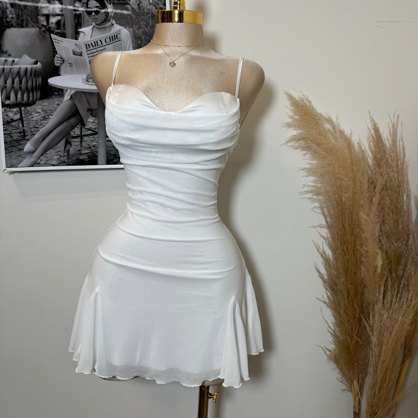 Mesh Mini Dress-White