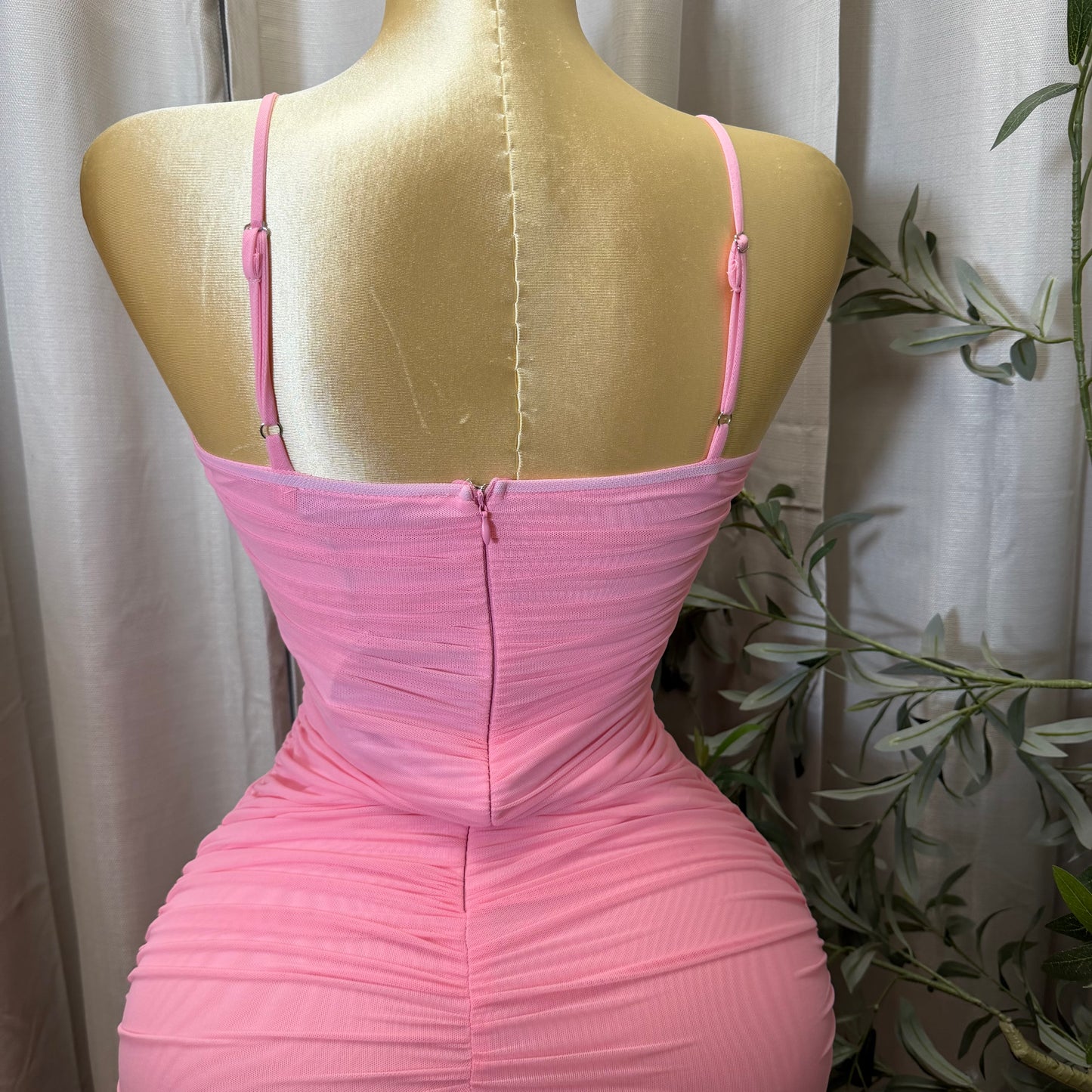 Rhinestone Spaghetti Midi Dress-Pink