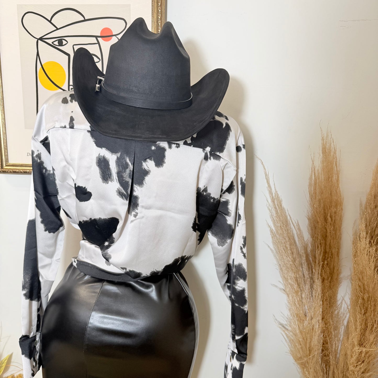 Cow Print Satin Button Down Long sleeve Shirt-Black