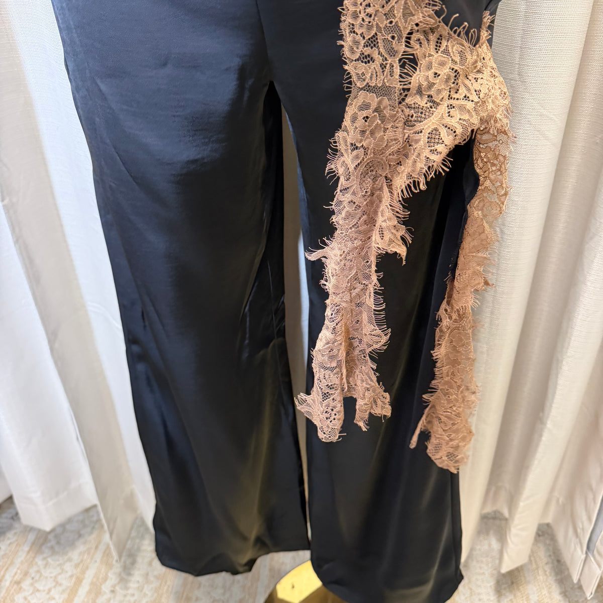 Contrast Lace Trim Satin Halter Jumpsuit-Black/brown