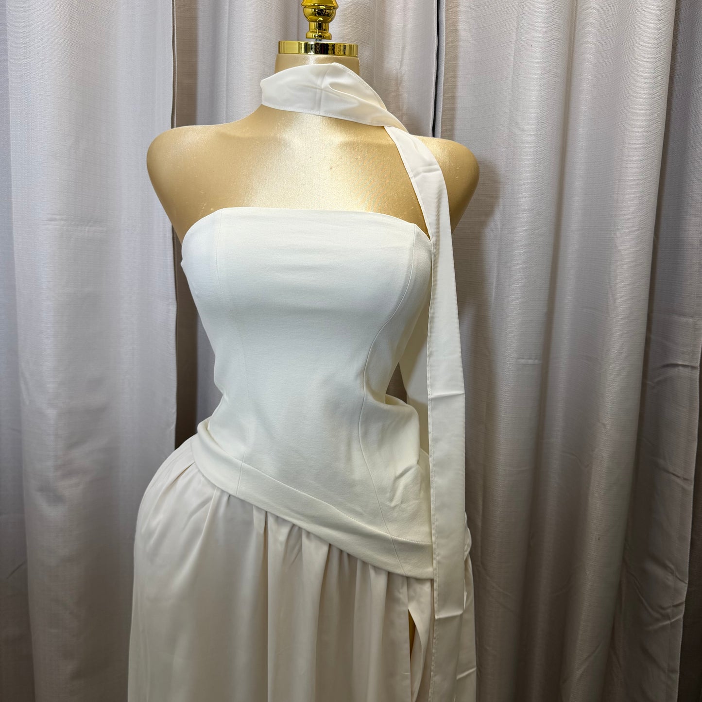 Strapless Scarf Neck Overlay Maxi Dress-Cream