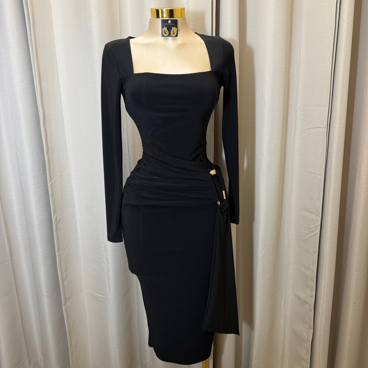 Square Neck Gold Trim Midi Dress-Black
