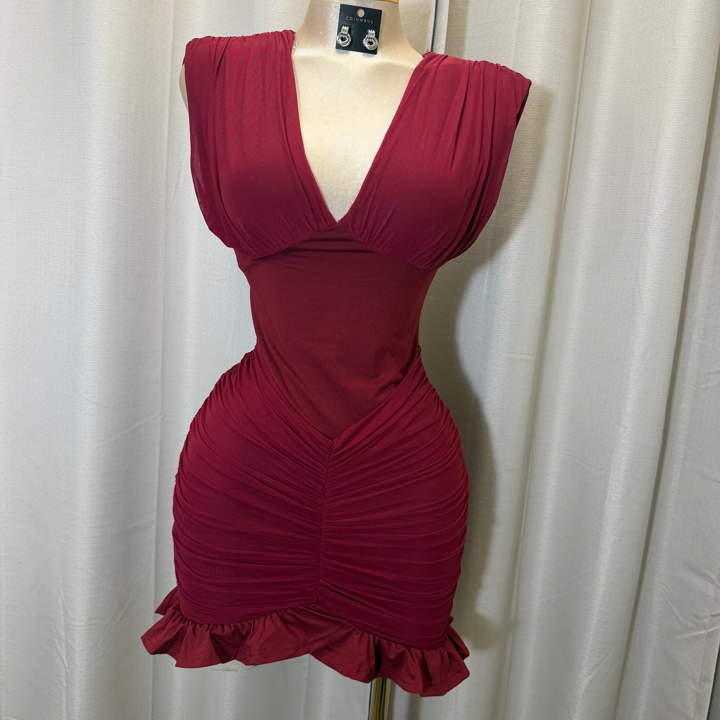 V-Neck Ruffle Mini Dress-Burgundy