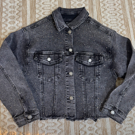 Rhinestone Denim Jacket-Black