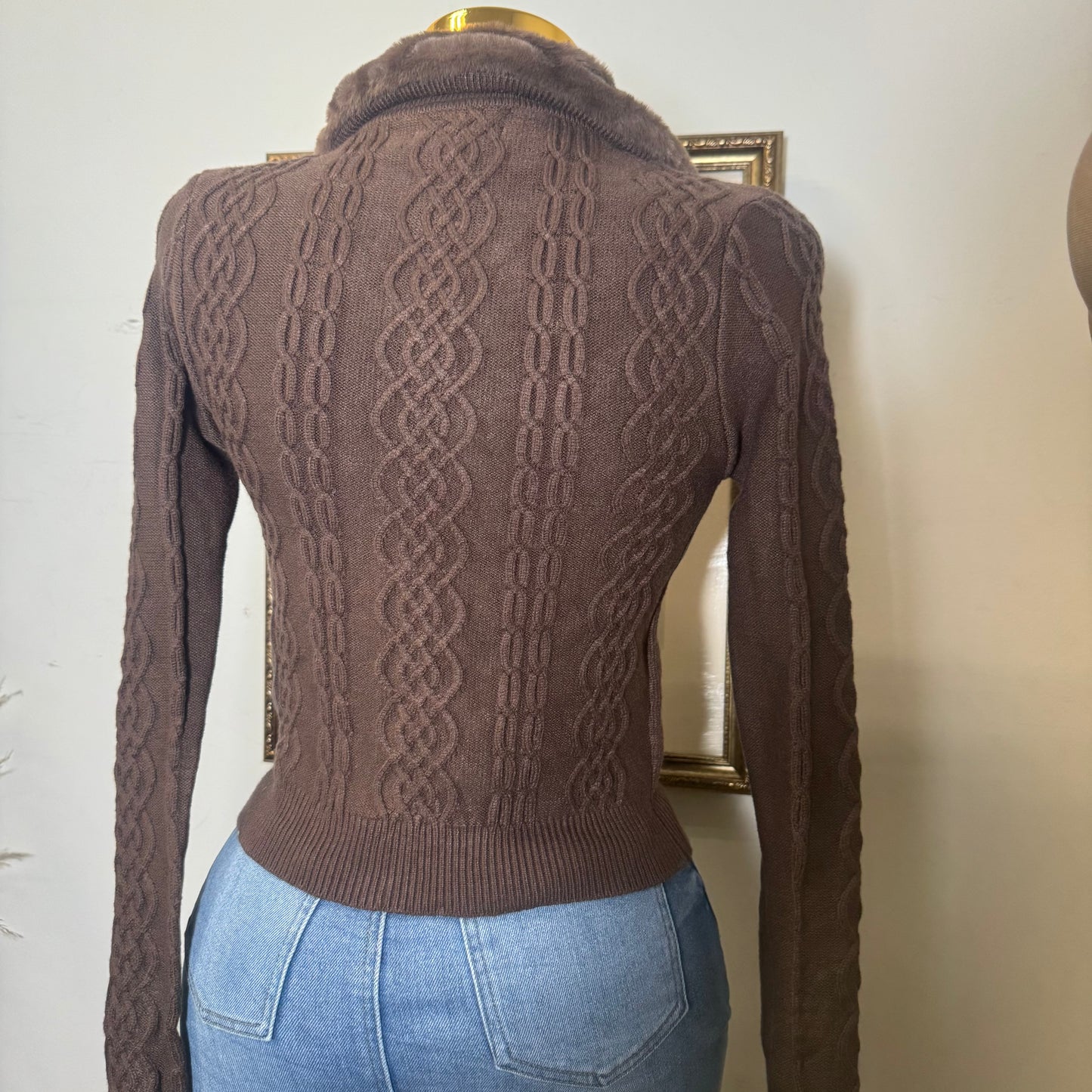 Crew Neck Viscose Rib Sweater-Brown