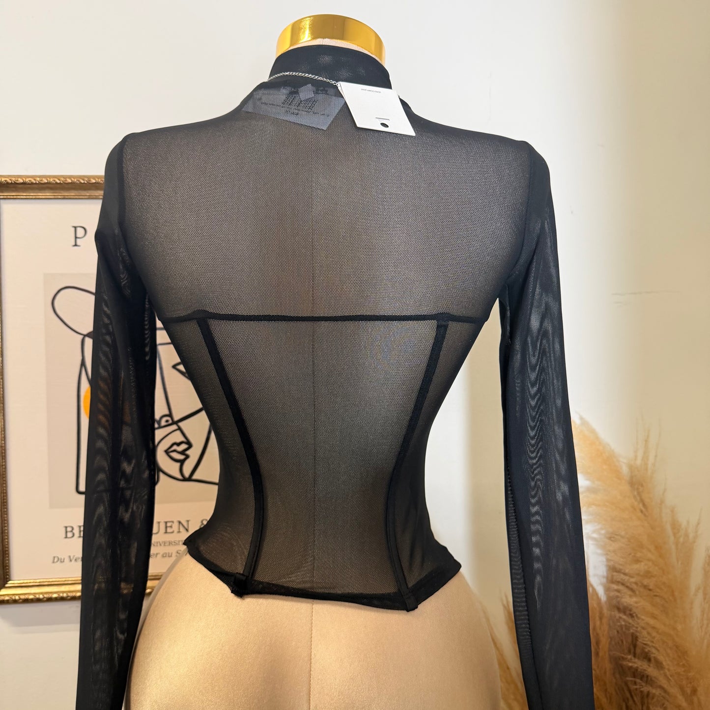 Long Sleeve Mesh Top with bra cups-Black
