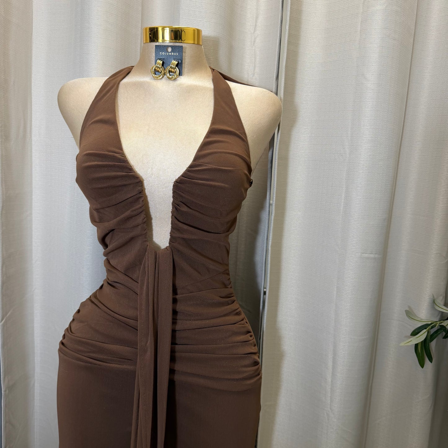 HALTER NECK WIRE WITH SASH JUMPSUIT-Brown