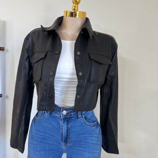 Pu Leather Cropped Jacket -Black