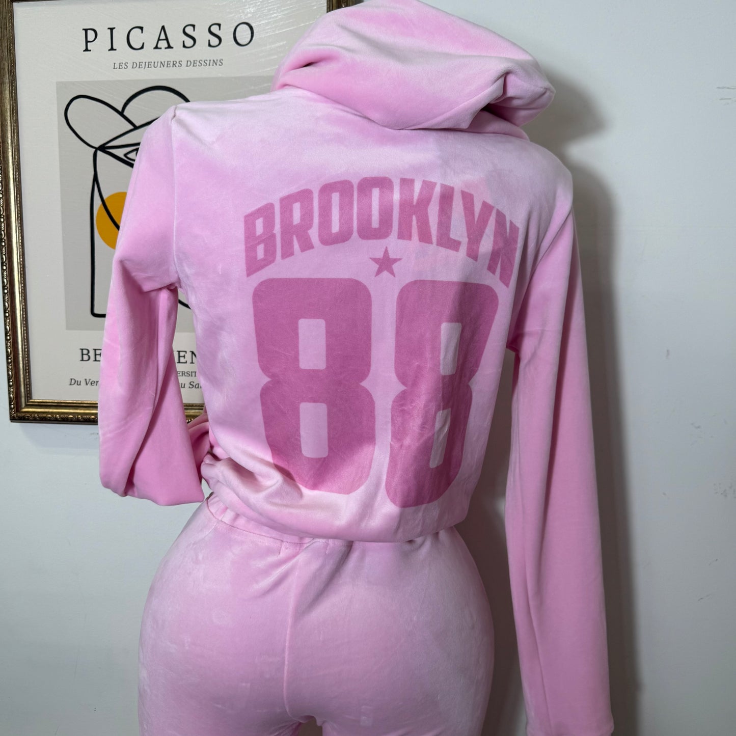 Print Hoodie Jacket and Pants Velour Set-Pink
