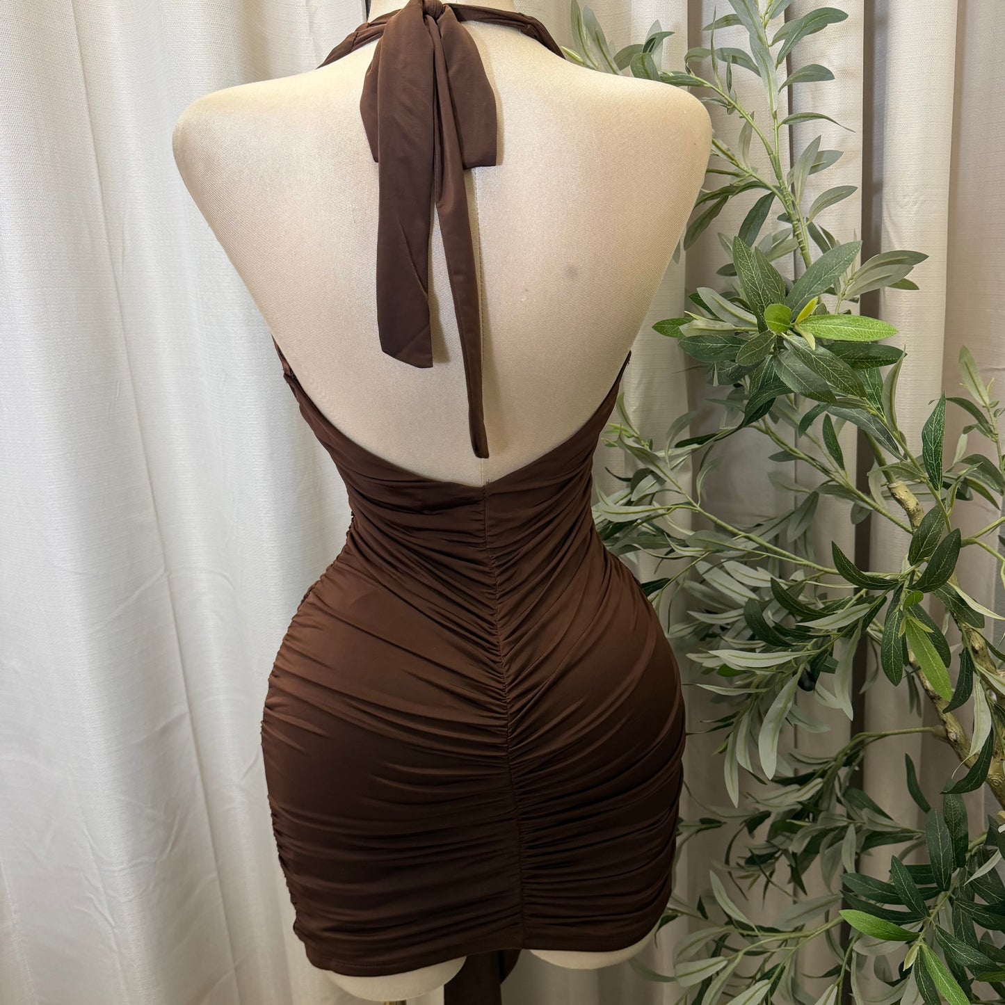 Orchid Halter Ruched front panel Mini Dress-Brown