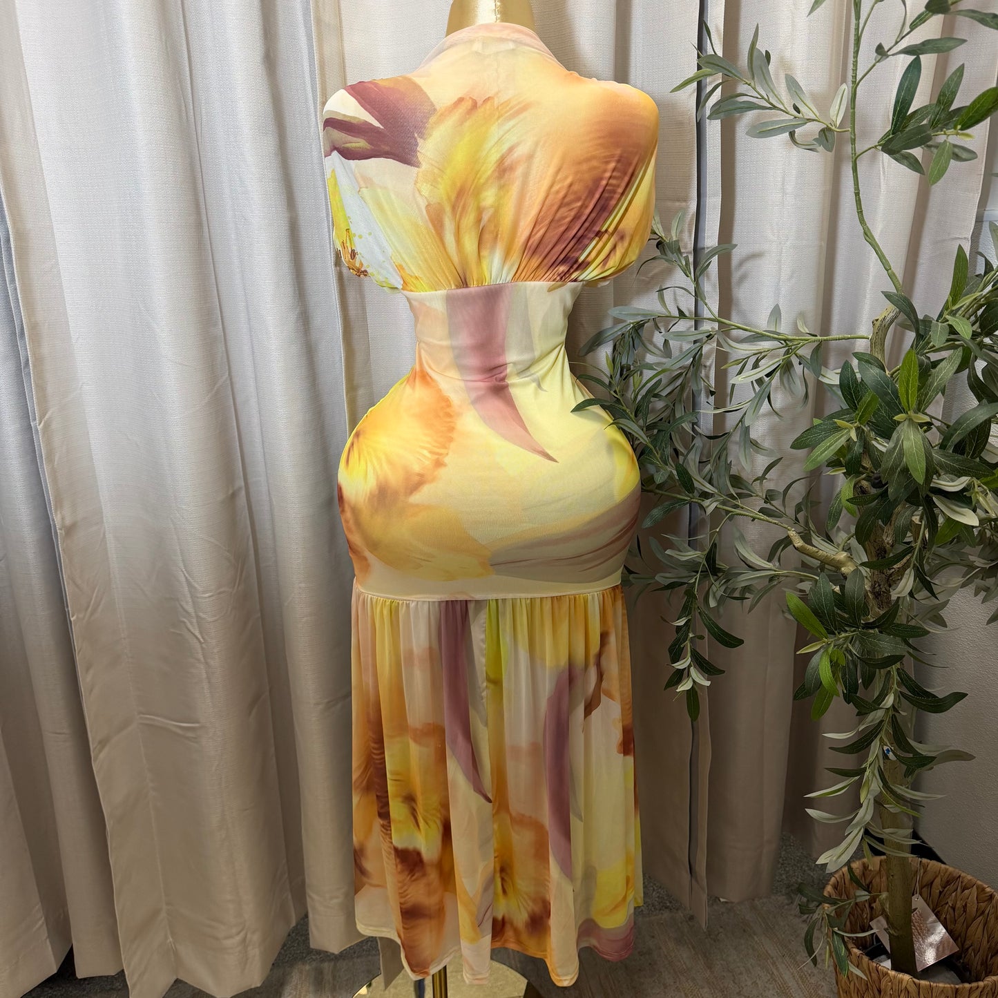Mesh & Knit Mix Long Dress-Yellow Print