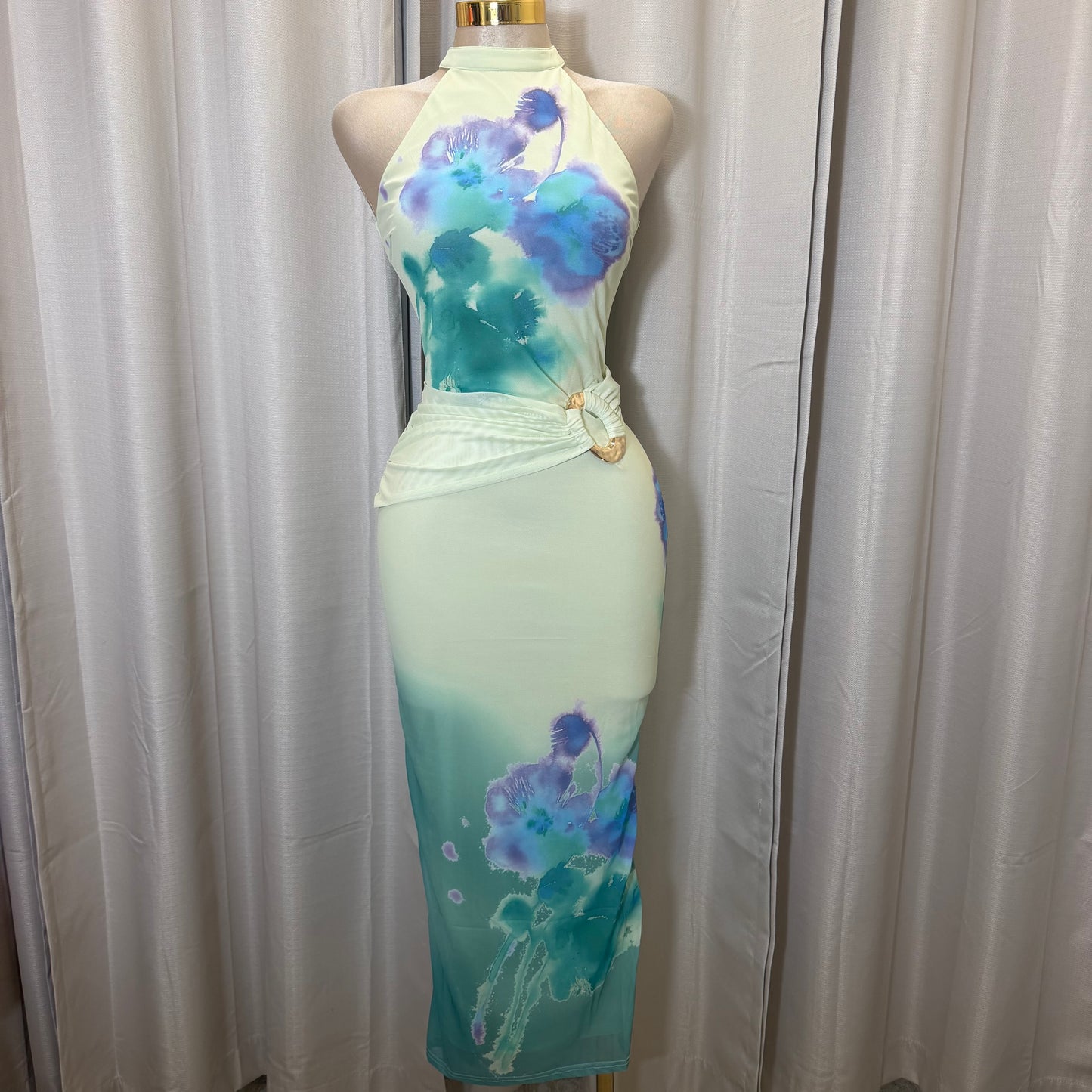 Flower Print Mesh Midi Dress-Yellow/Turquoise combo