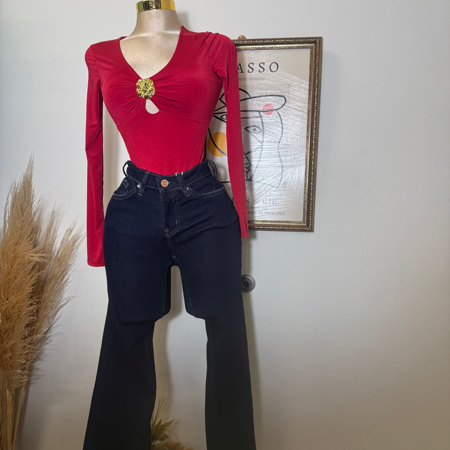 Long Sleeve Bodysuit with Gold Detail-Red