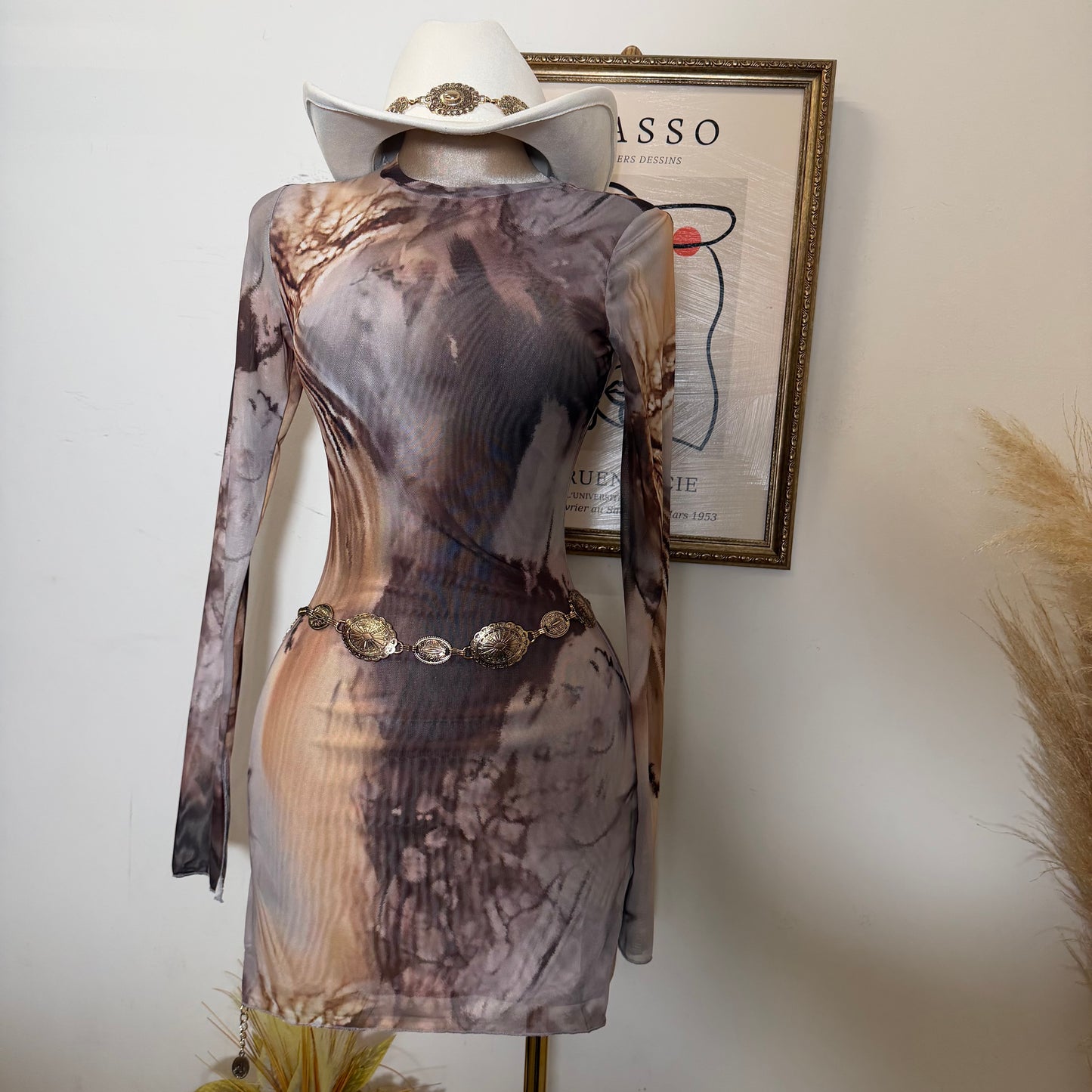 TORY Mesh Long Sleeve Dress-Brown/Beige