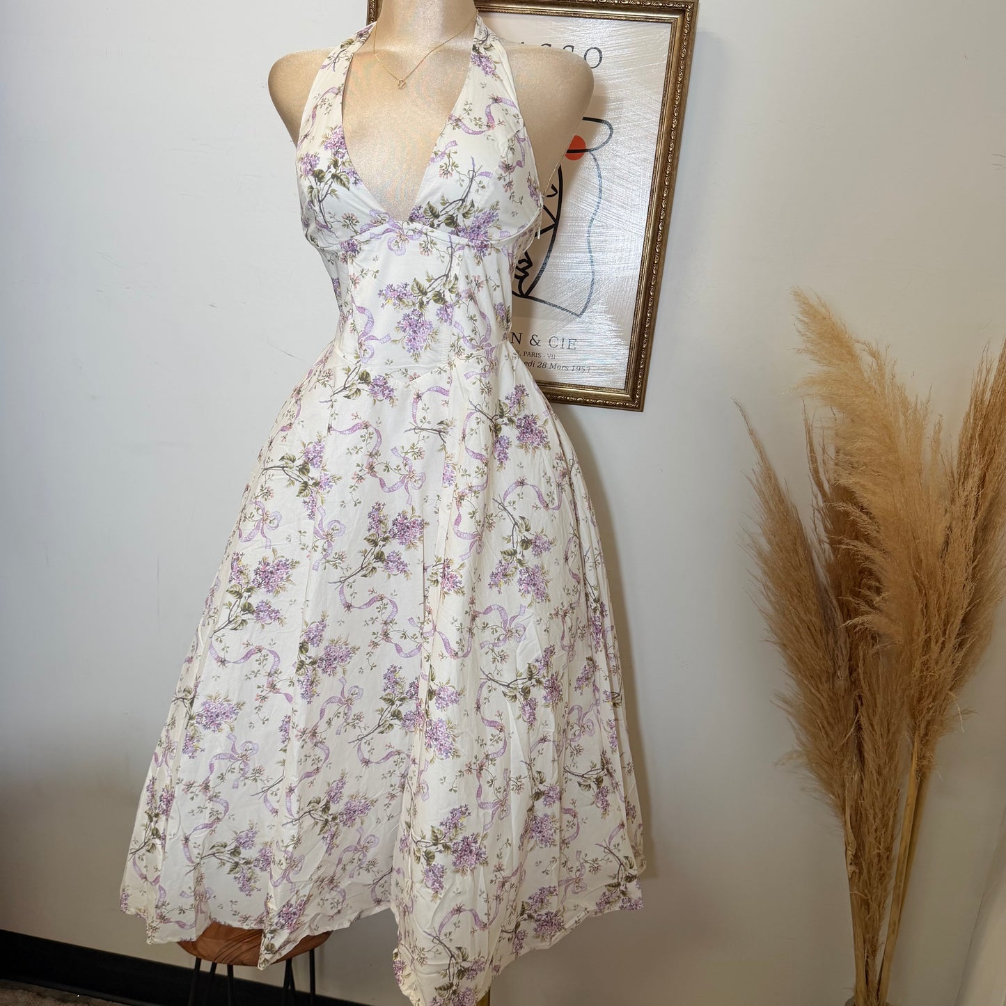 Ribbon Print Fabric Halter Corset Midi Dress-Lavender