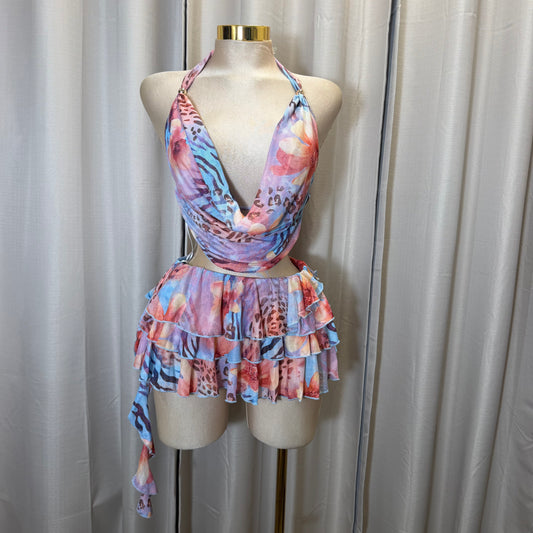 Cowl Neck Top and Mini Skirt-Blue