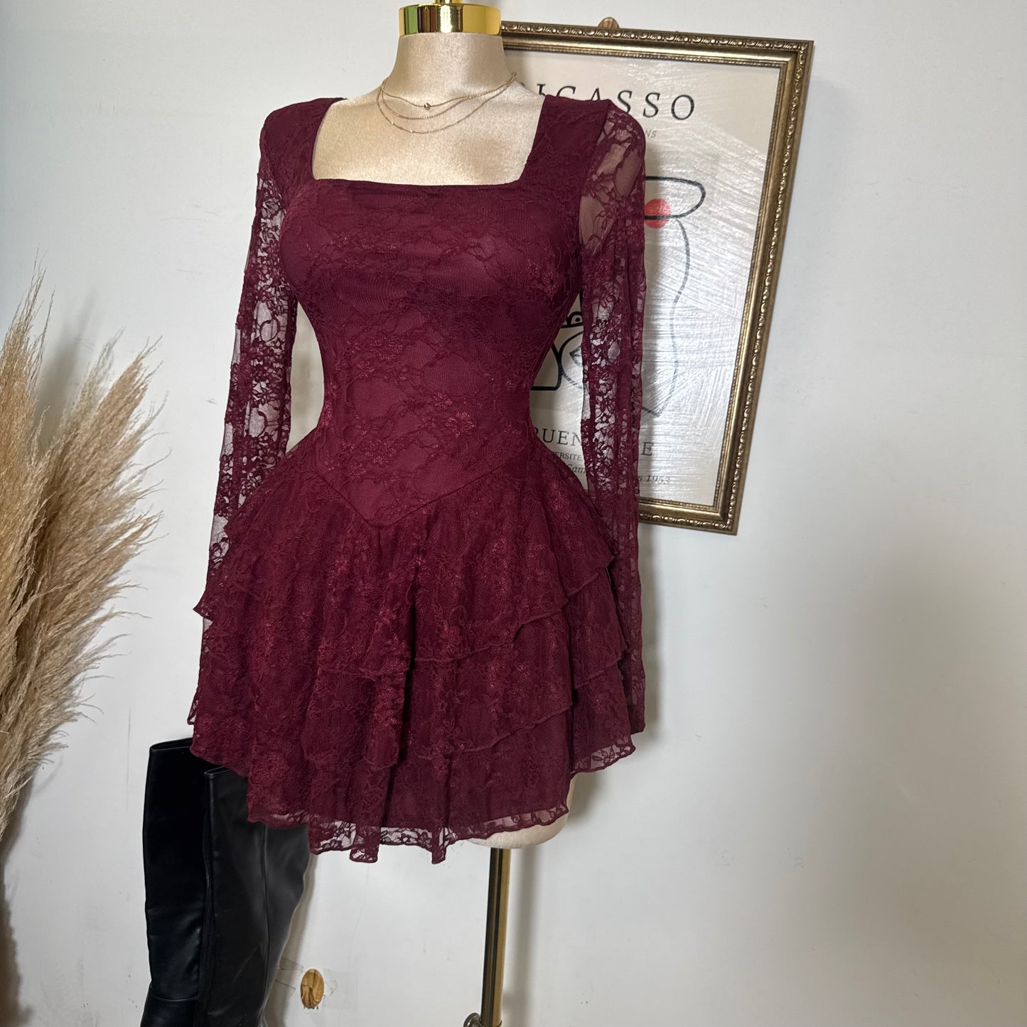 Lace Long Sleeve Ruffle Layered Mini Dress-Burgundy