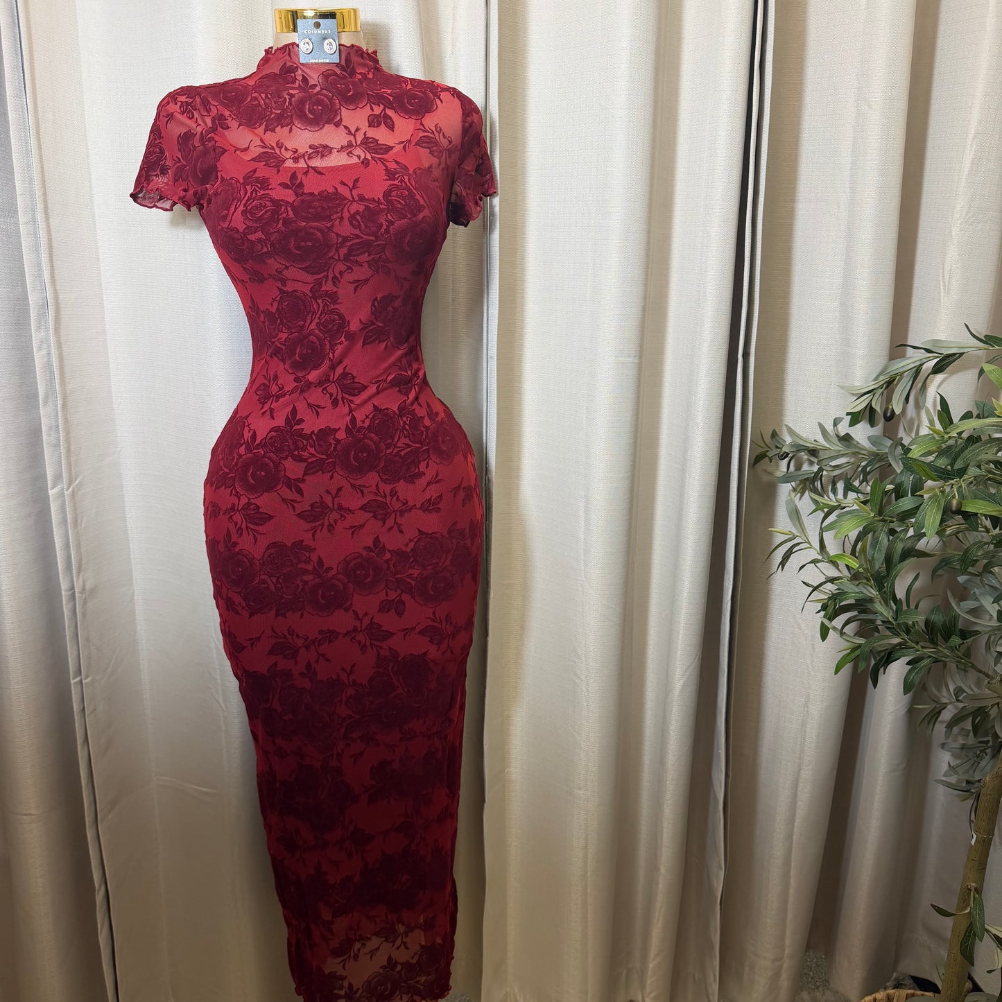 Luxi Mesh Flower Print Dress-Burgundy