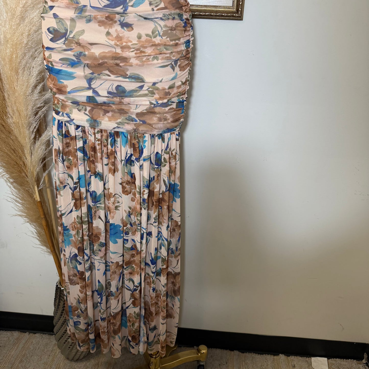 One Shoulder Mesh Maxi Dress-Brown