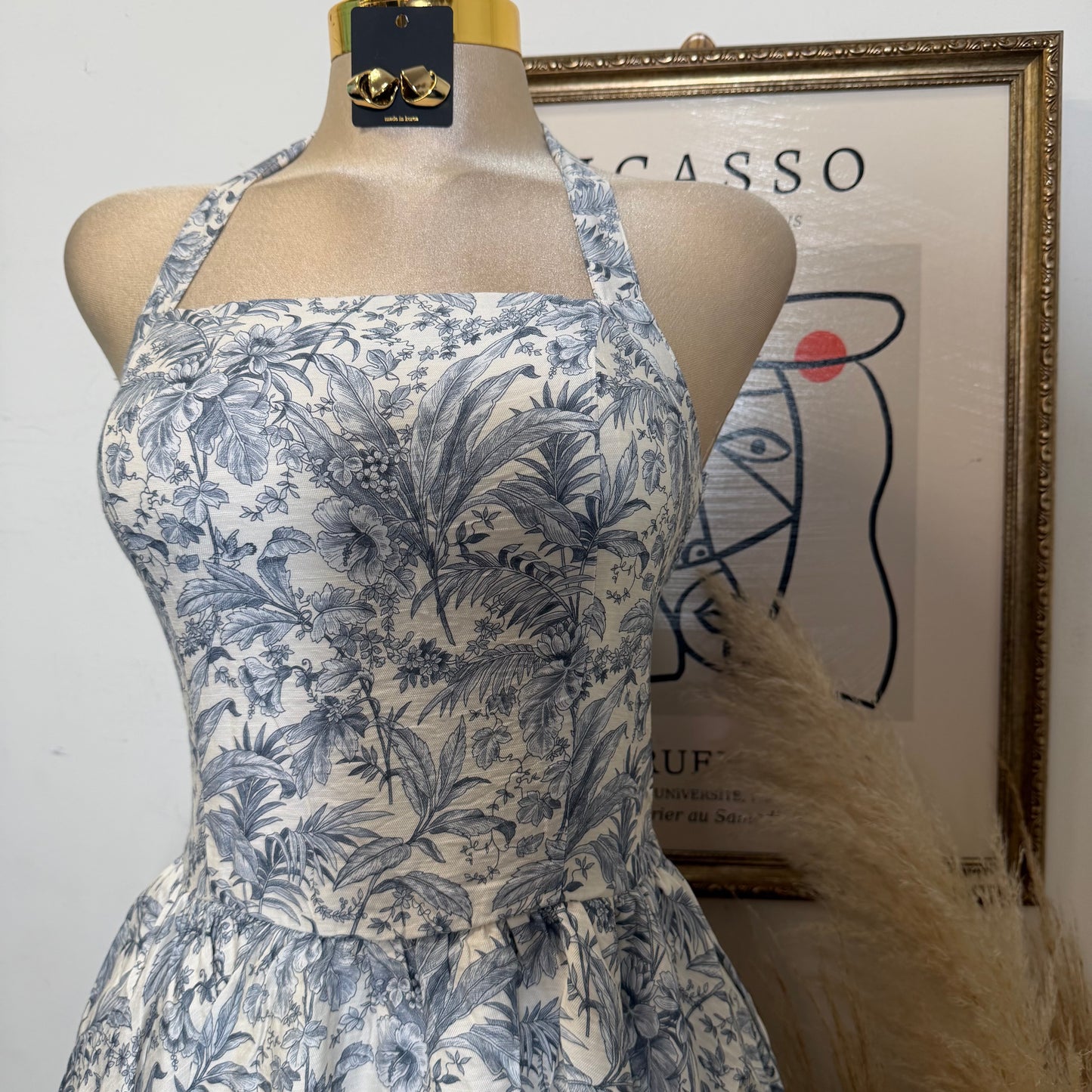 Tropical Toile Halter Mini Dress-Beige/Navy