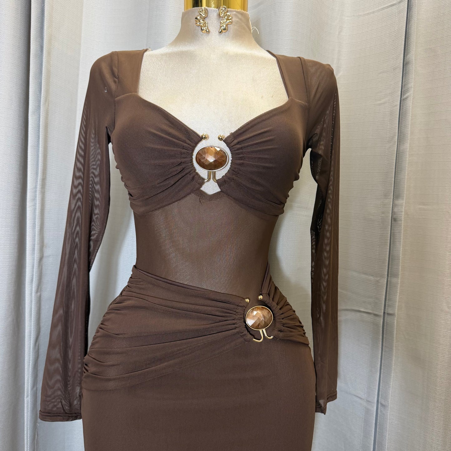 Front Trim mesh Midi dress-Brown