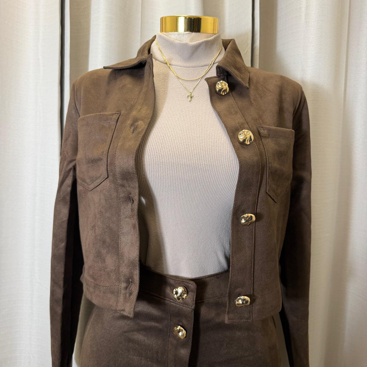 Suede skirt cropped Jacket set-Choco brown