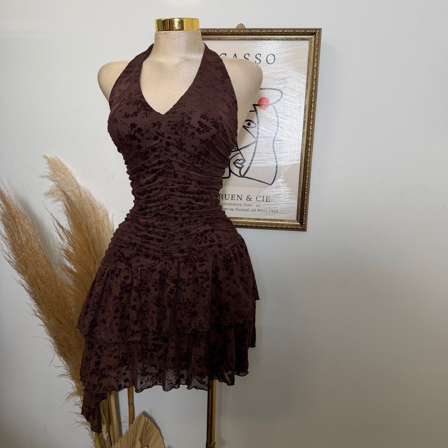 Halter Flower Print Dress-Brown