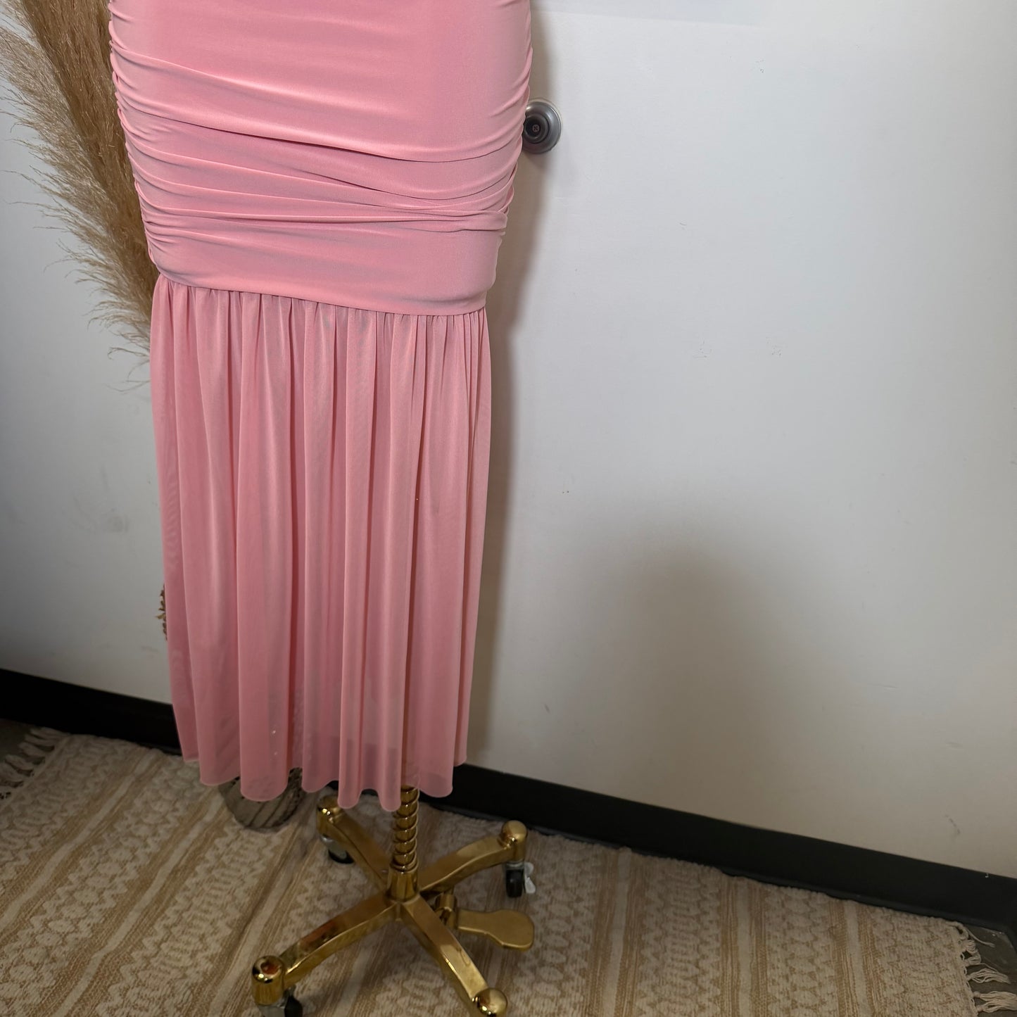 Mesh & Knit Mix Long Dress-Pink