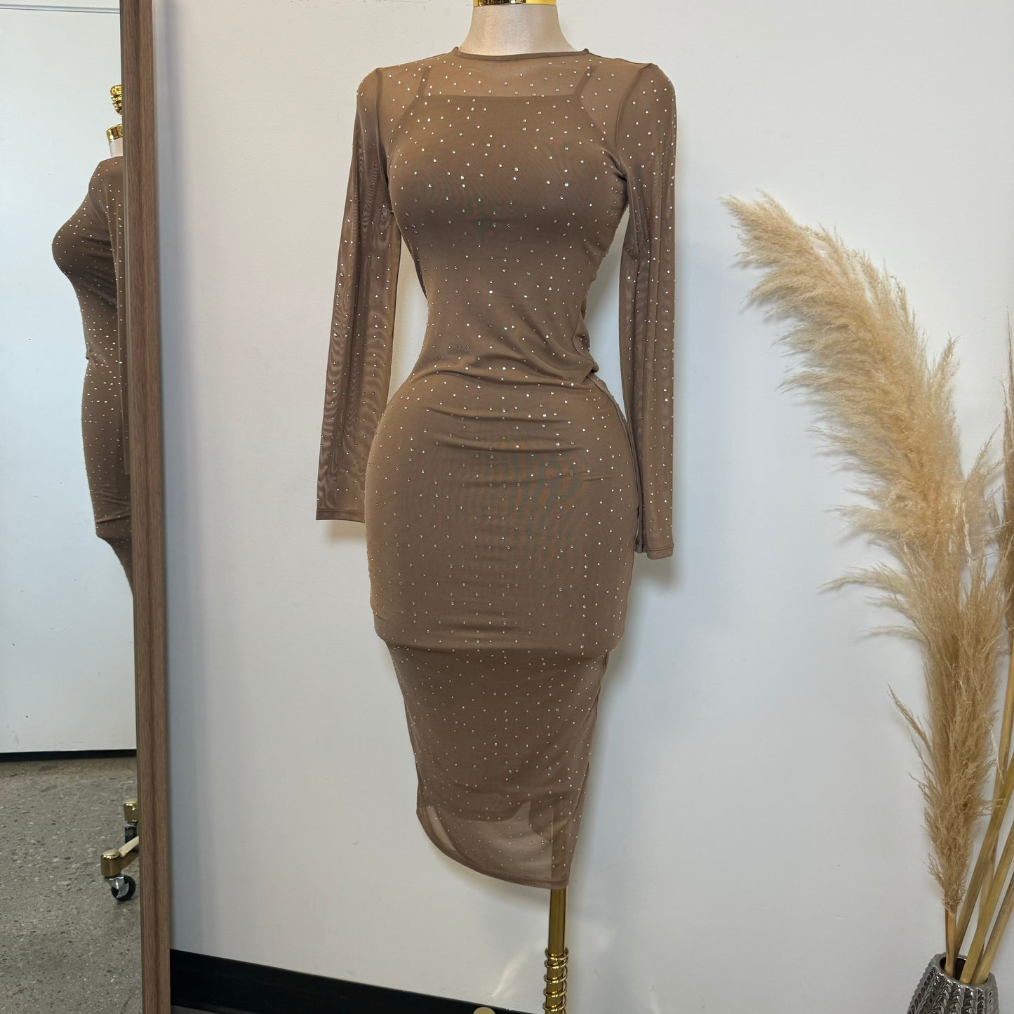 Faviana Mesh Dress-Khaki