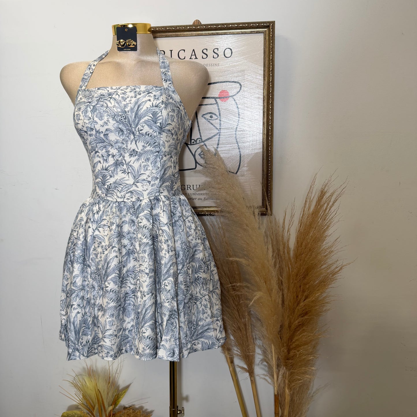 Tropical Toile Halter Mini Dress-Beige/Navy