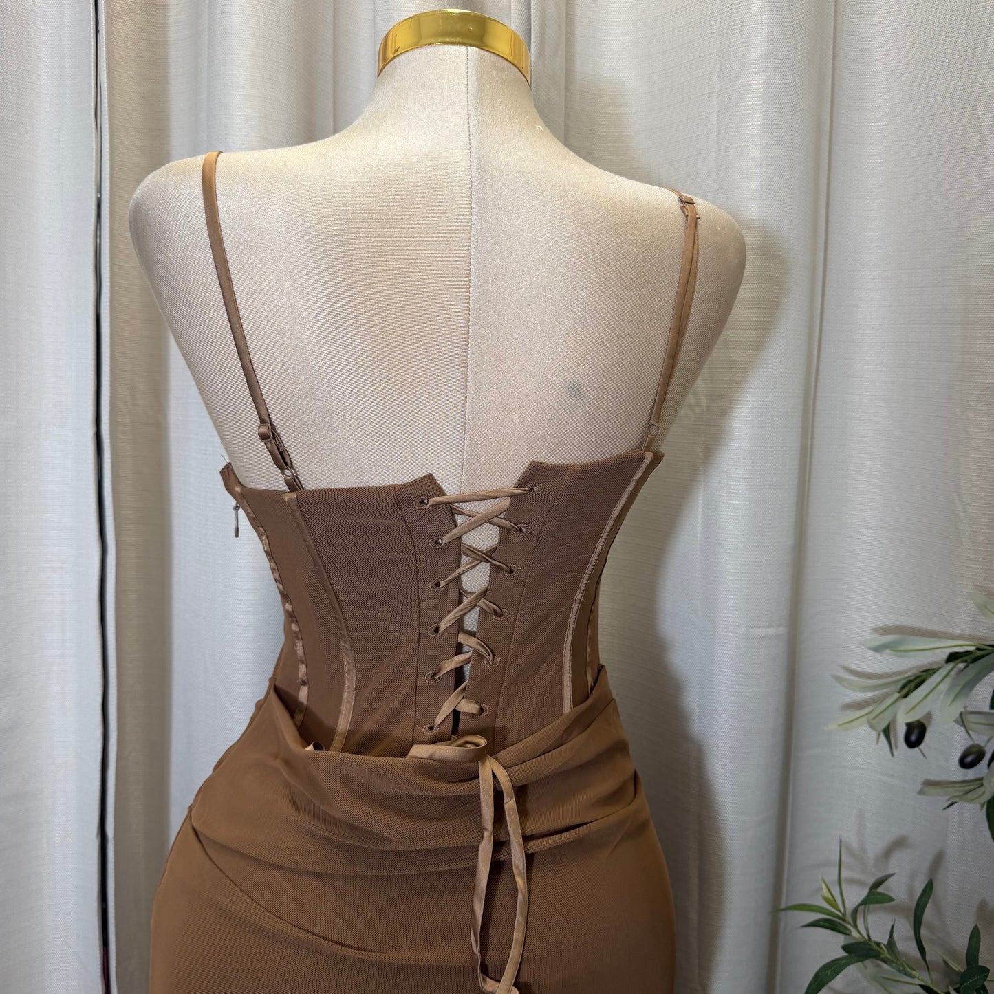 LACE-UP BACK DETAIL CORSET MIDI DRESS-Brown