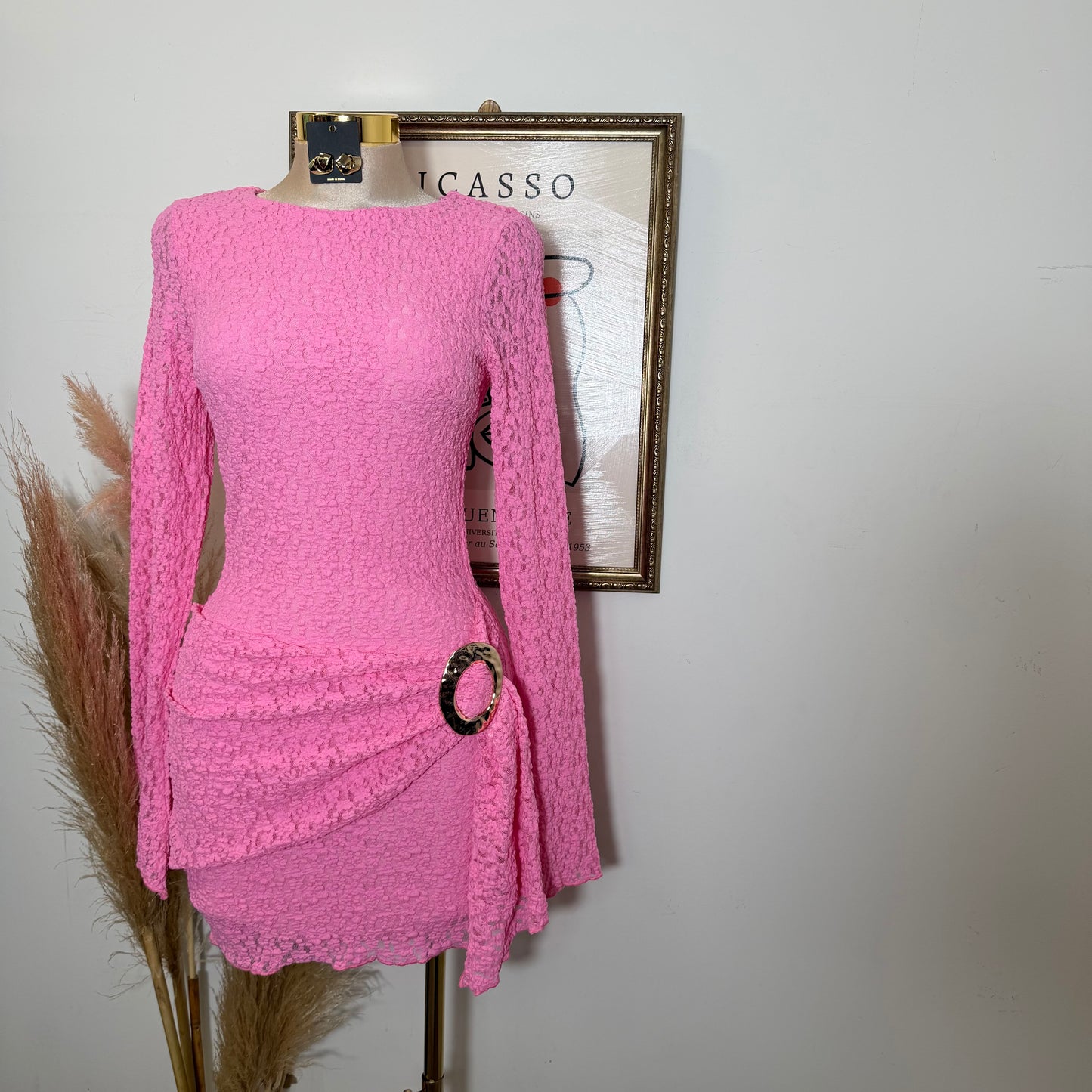 Long Sleeve Gold Detail Dress-Pink