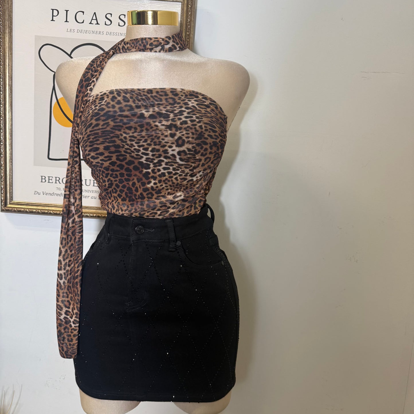 Leopard Mesh Print Tube w/ Tie Around neck Lining-Leopard
