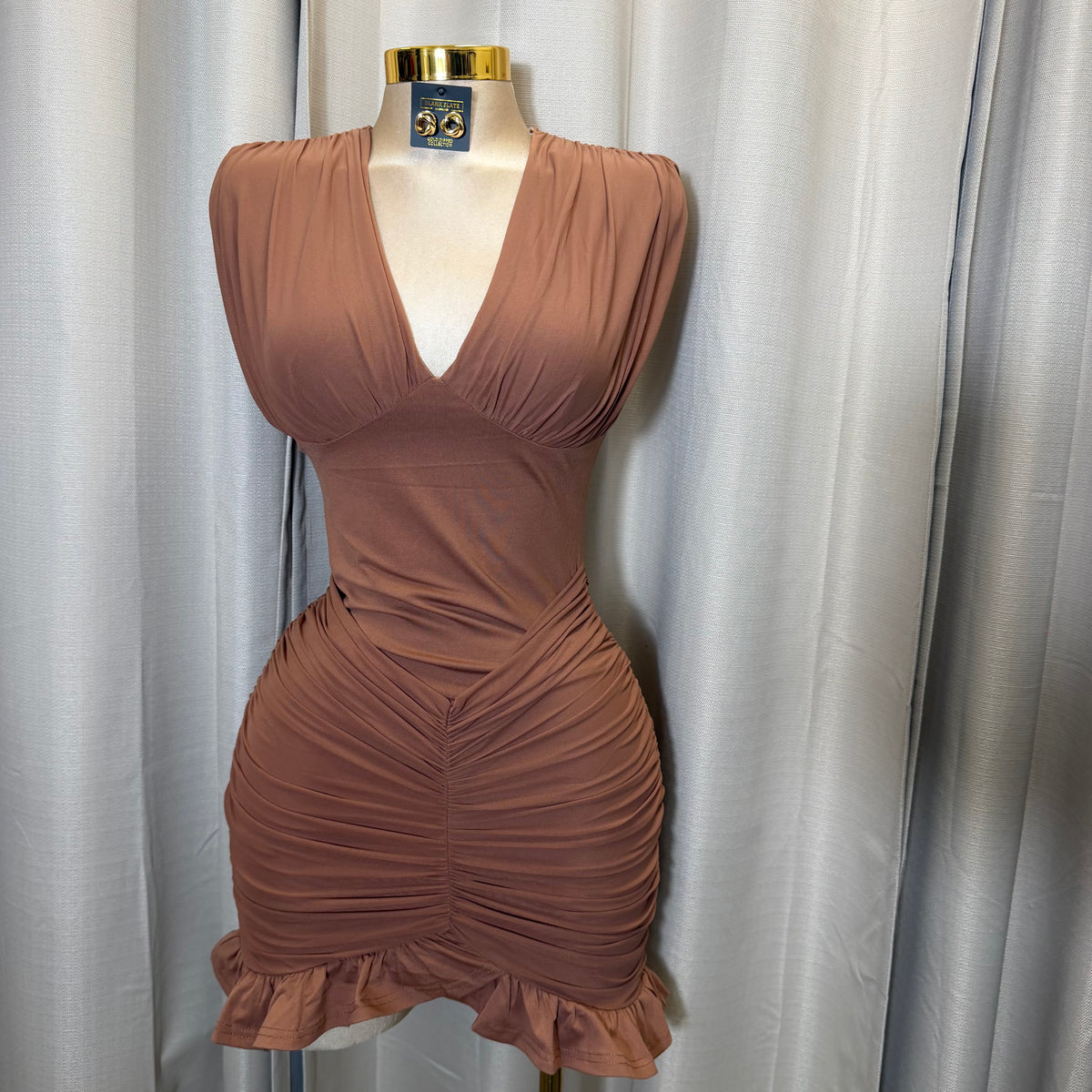 V-Neck Ruffle Mini Dress-Brown