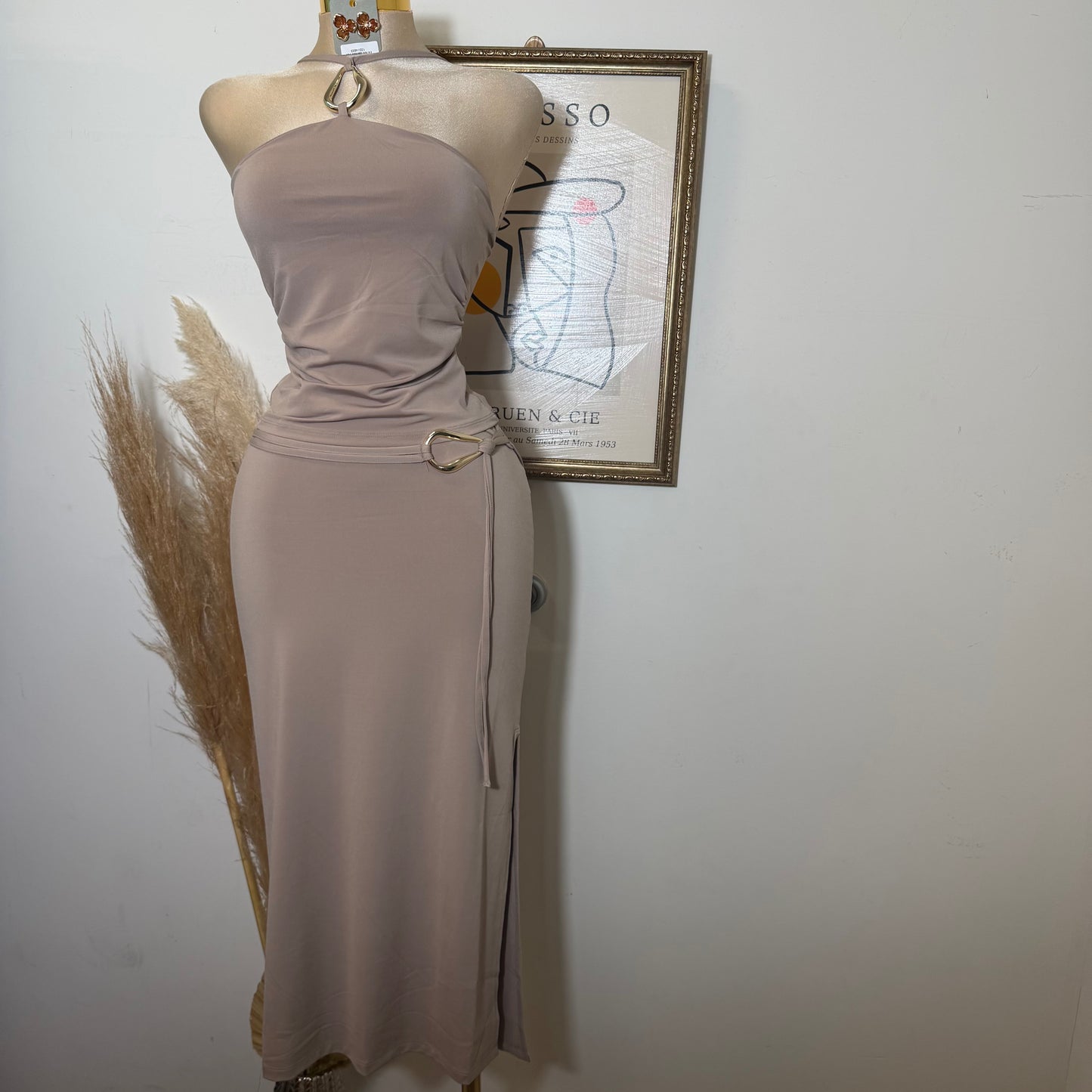 Keyhole Halter Top W/ Midi Skirt Set-Taupe